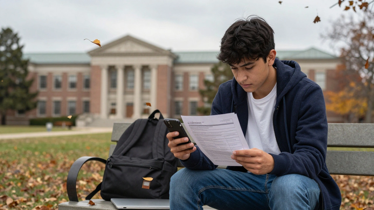 A student holding a broken phone and insurance form on a campus bench in autumn.
