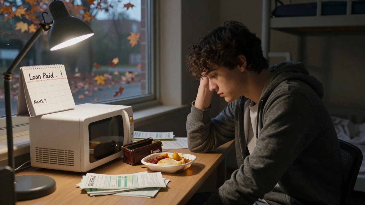 A student in a dorm room facing financial stress mid-semester with an empty wallet and unpaid bills.