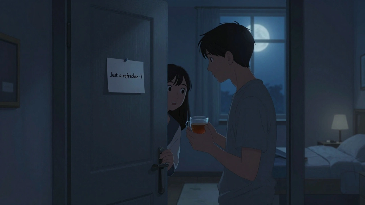 A student knocking on a roommate's door with a note and tea, soft nighttime lighting in the hallway.