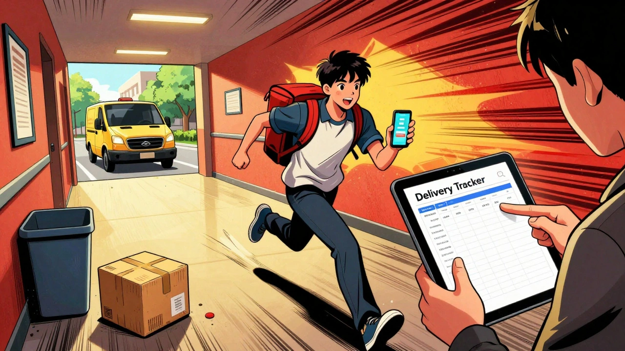 A student rushing with a delivery alert on their phone while a lost package lies nearby.