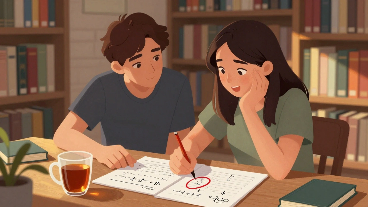 A student tutors a teenager in math at a library desk in Nottingham.