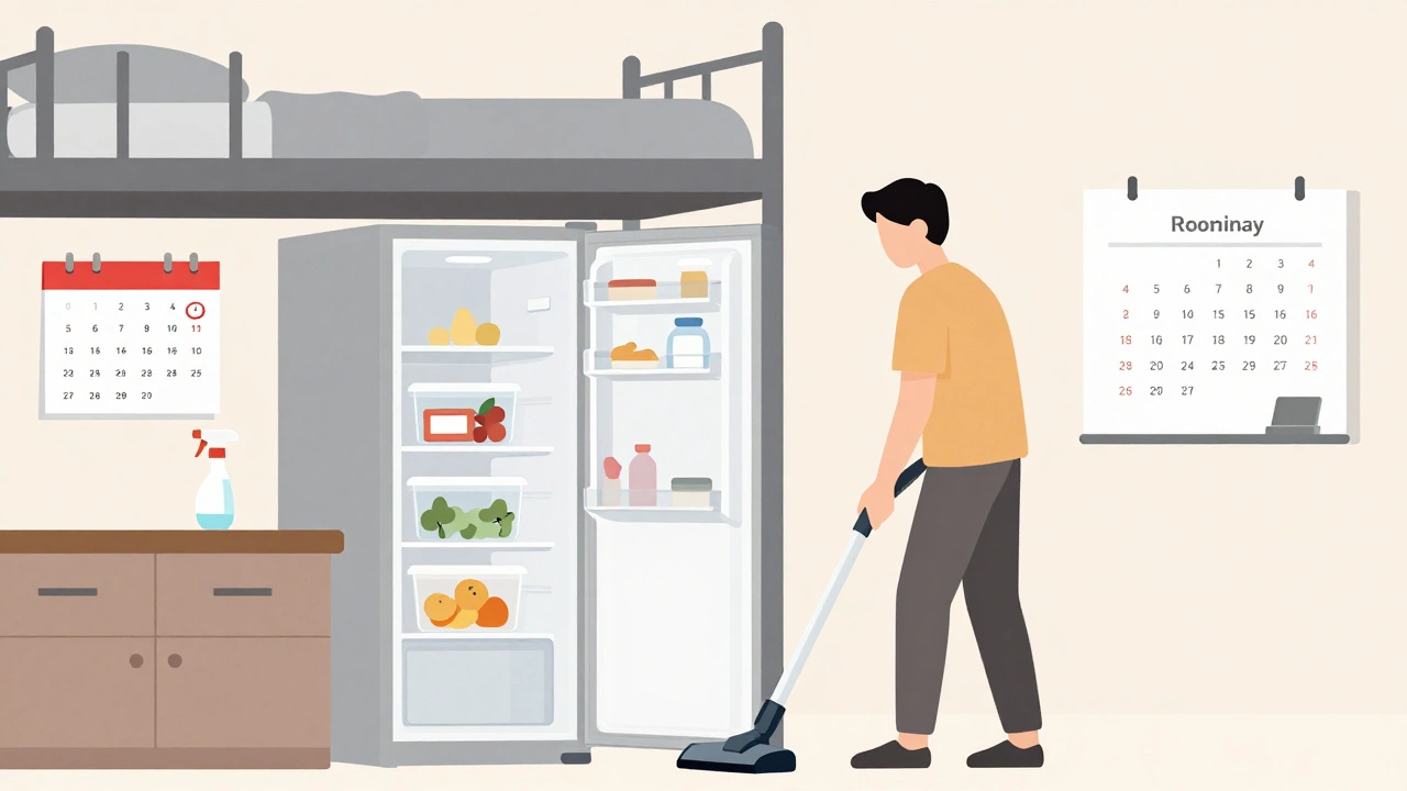 A student using a handheld vacuum under a bed, with a monthly cleaning calendar and labeled fridge containers visible.