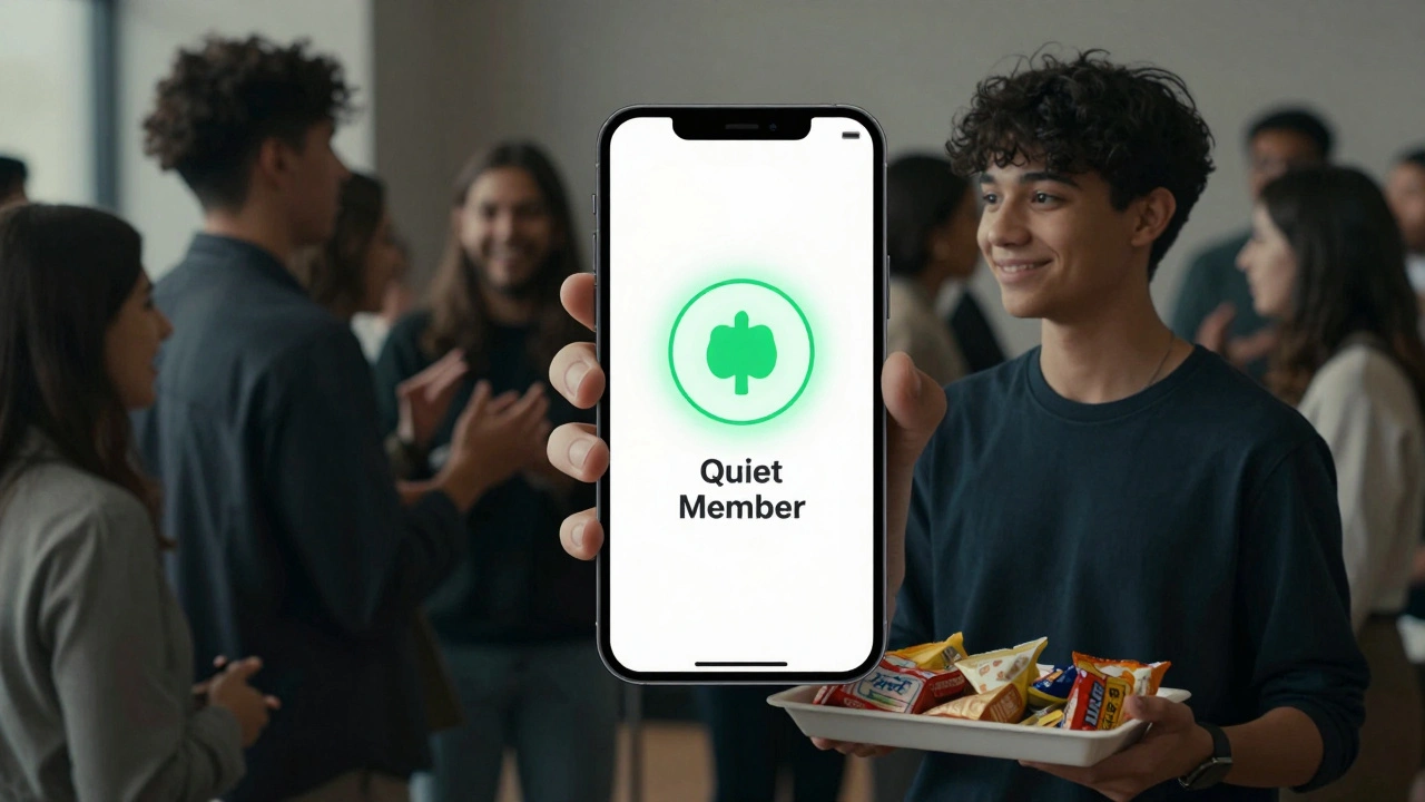 A student wearing a 'Quiet Member' digital badge while helping at a society event.