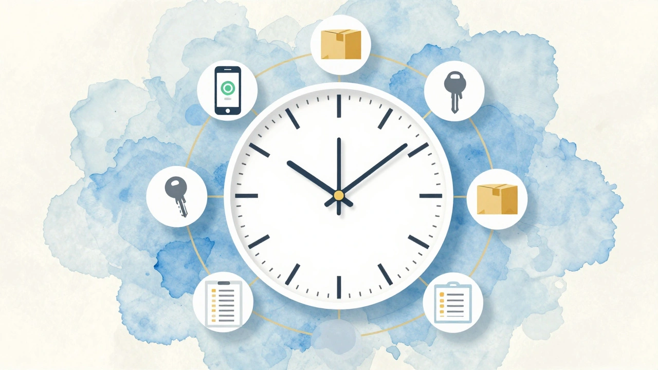 A Sunday routine icon clock showing delivery management tasks in a minimalist design.