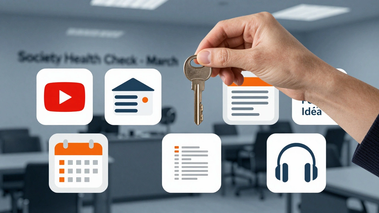 A symbolic collage of society management icons including budget, calendar, and YouTube logo floating around a key.