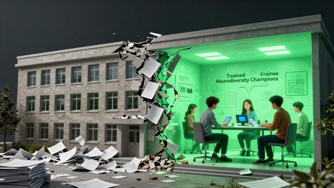 A university building split between crumbling bureaucracy and a glowing, inclusive wing with student support systems.