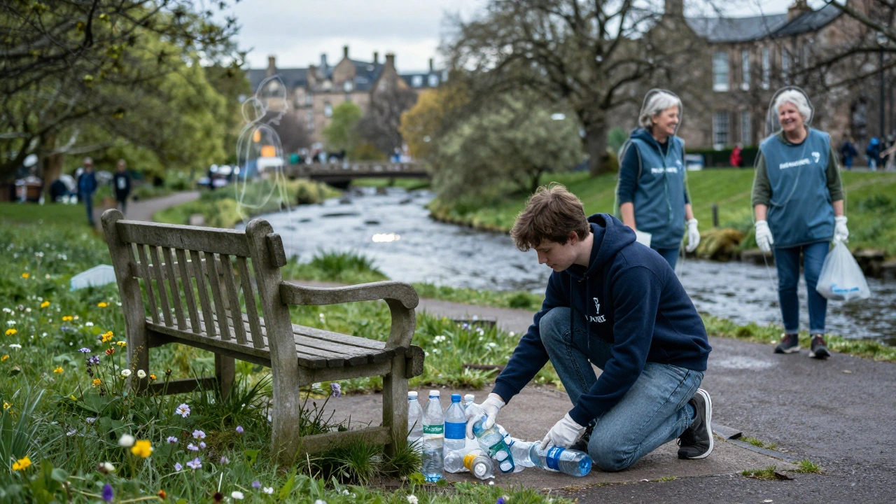 A volunteer picks up litter in a clean, restored Edinburgh park.
