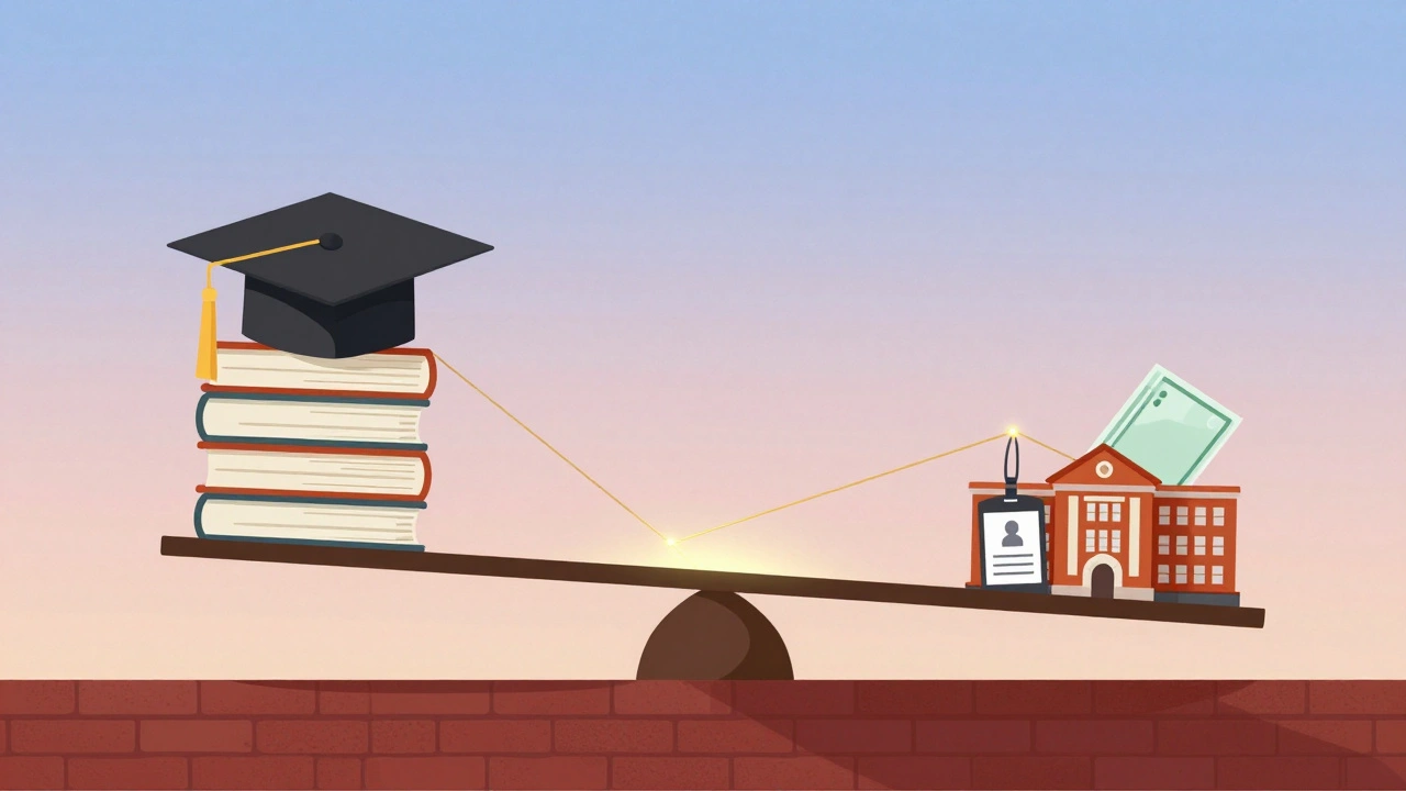 Balanced scale with academics on one side and work-study on the other, connected by golden light.