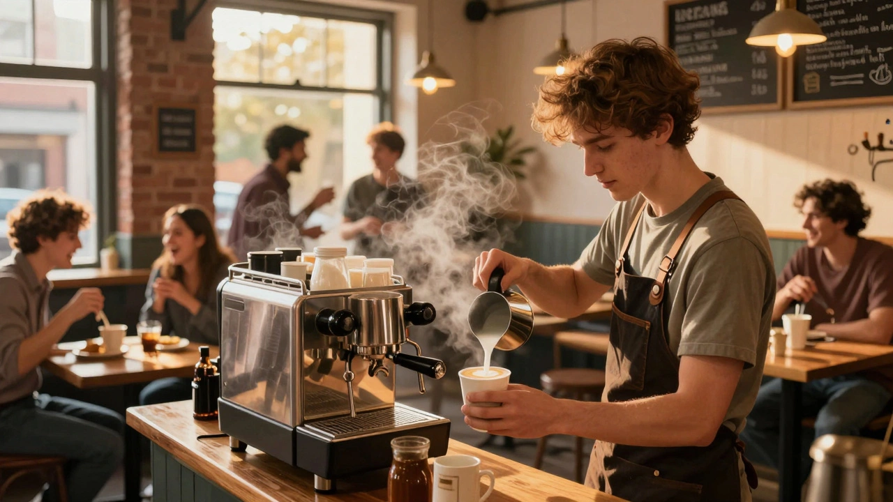 Barista serving coffee in a busy UK café during Friday night rush.