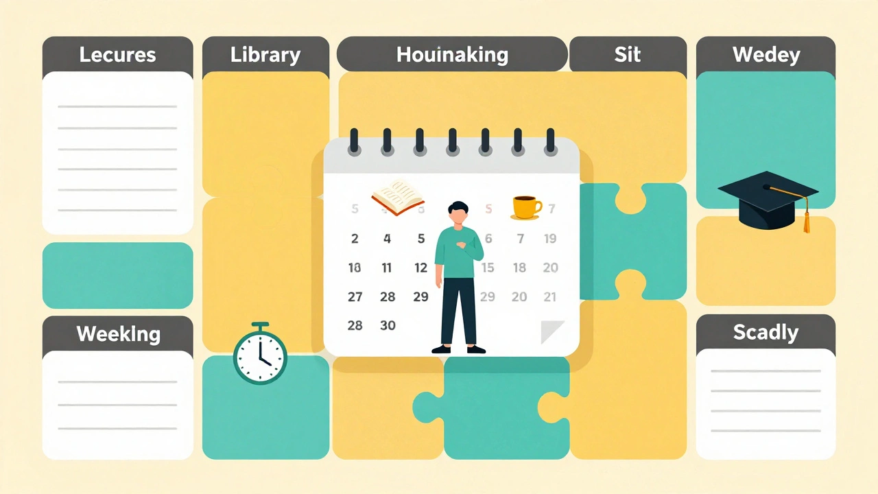 Colorful weekly planner mosaic showing study and work blocks with academic and job icons.