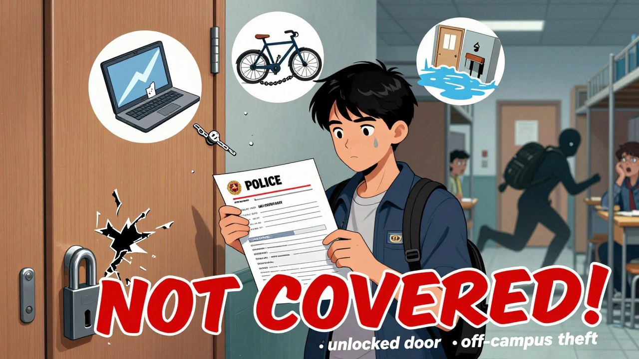 Comic-style scene of a student with stolen items floating above, a broken lock, and 'NOT COVERED!' text overlay.