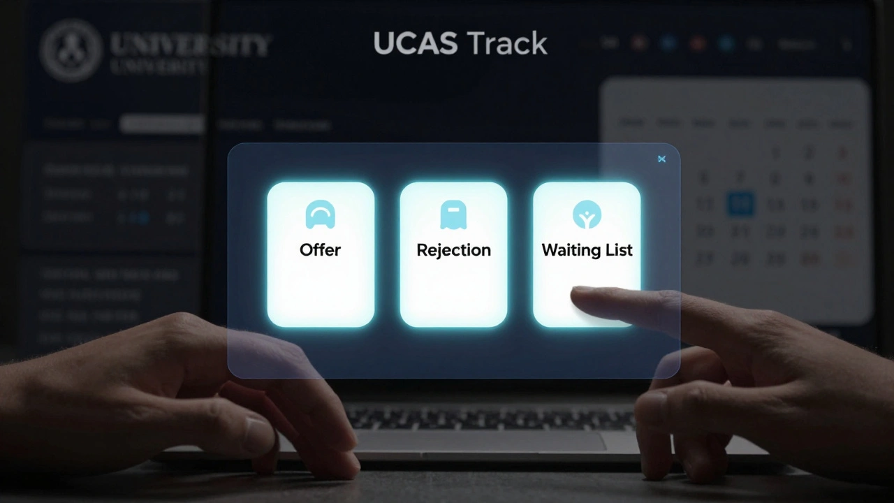 Digital UCAS Track dashboard with offer statuses hovering above hesitant hands.