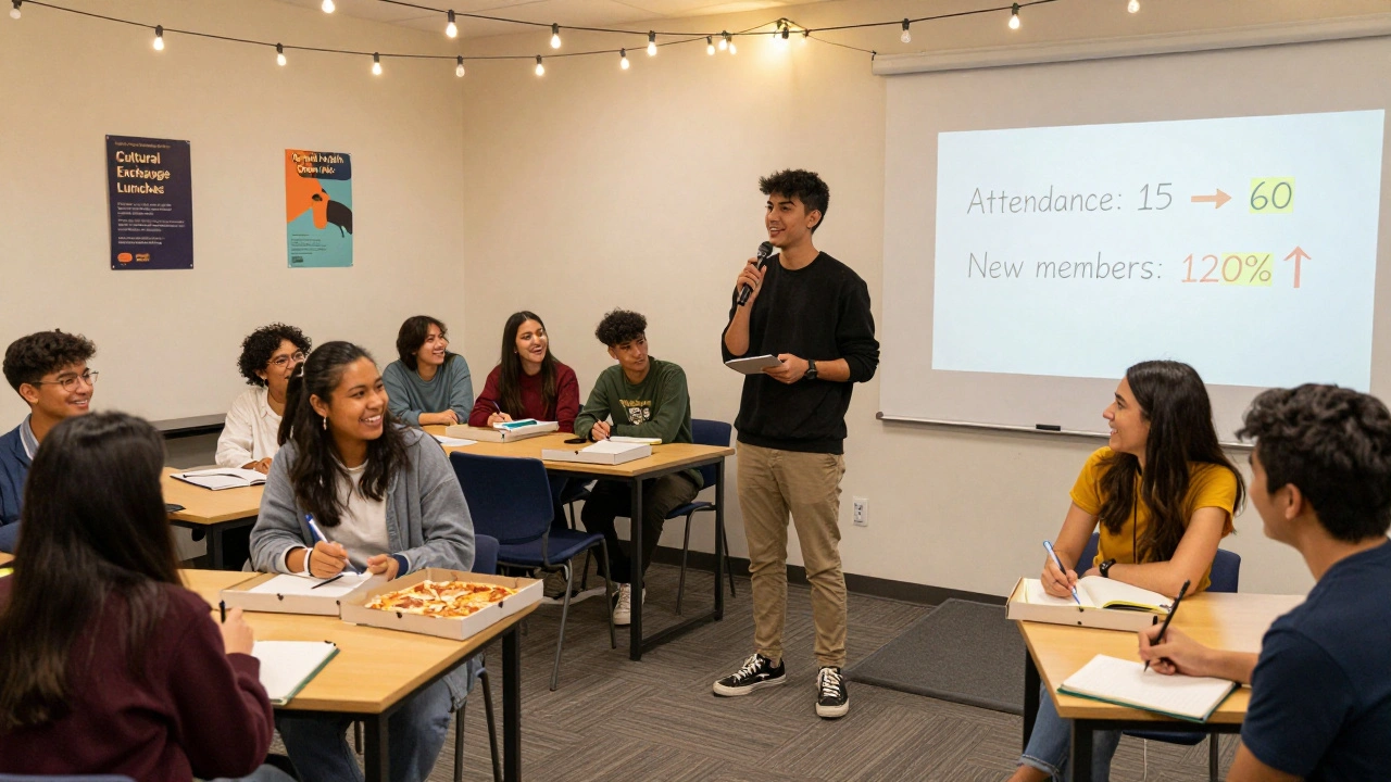 Diverse students enjoying an informal open-mic night with food and metrics on a whiteboard.