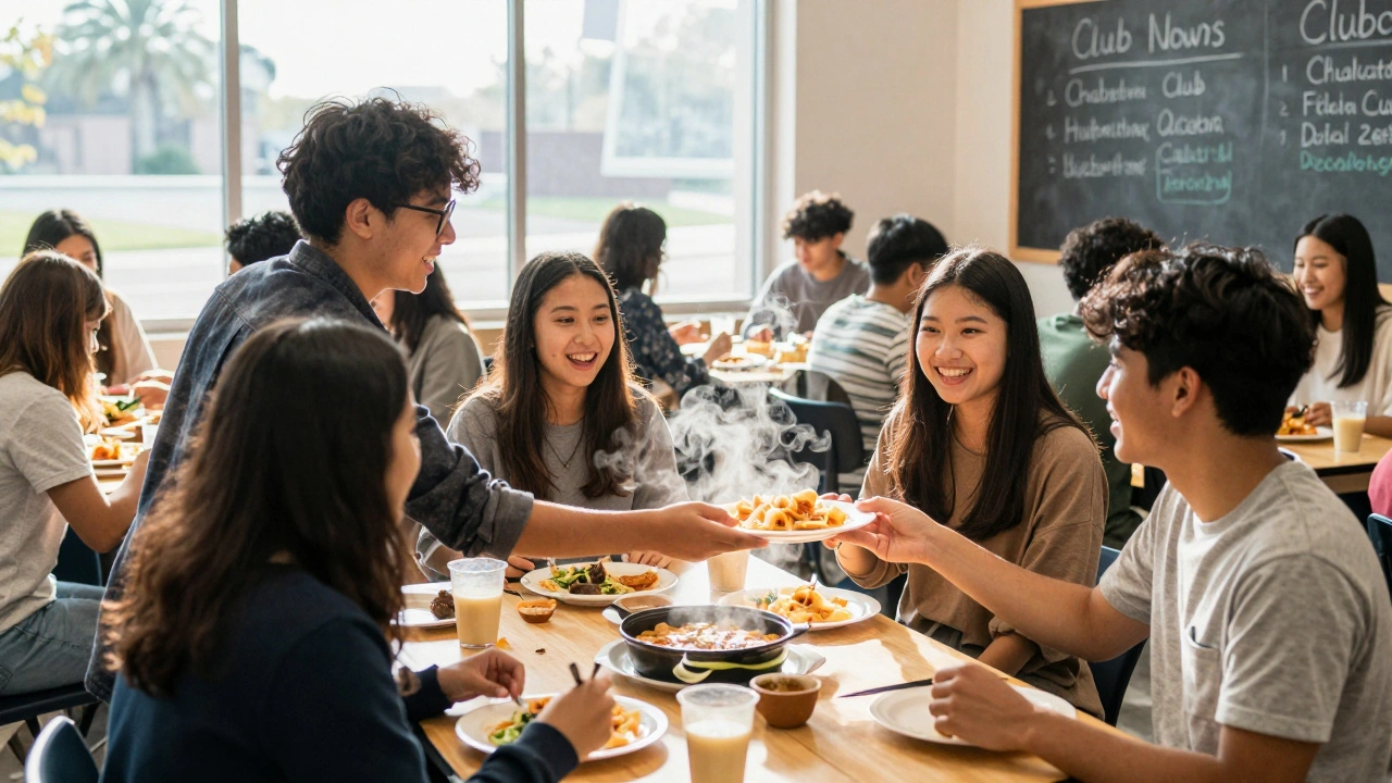Diverse students share food and laughter at a university potluck, building connection in a warm common area.