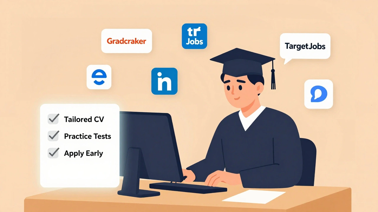 Graduate applicant surrounded by digital job platform icons and a checklist for successful applications.