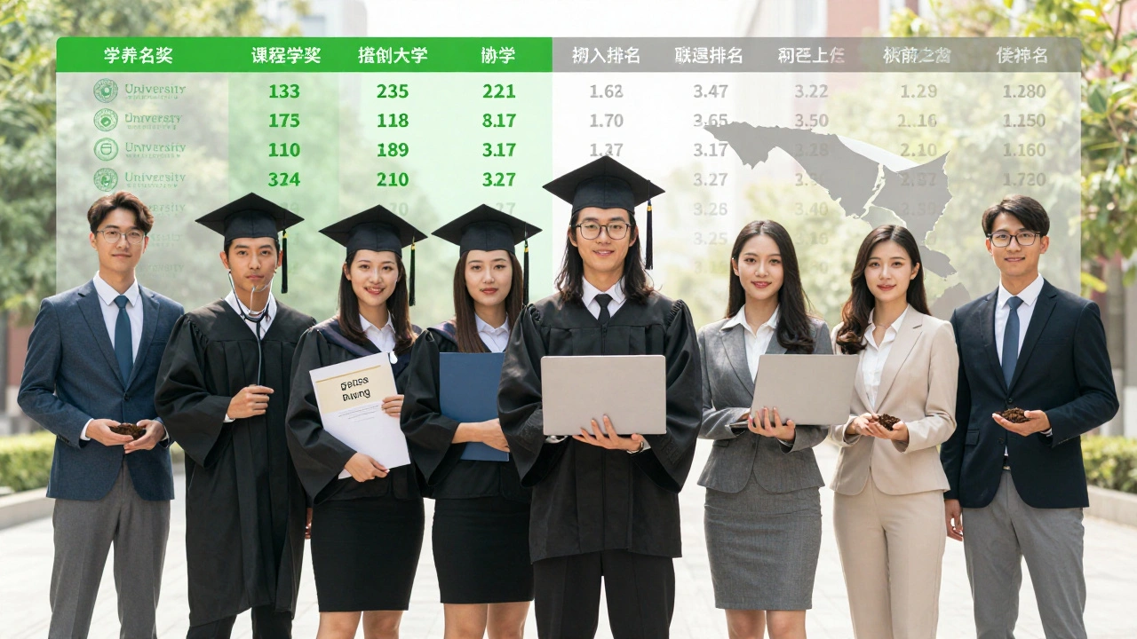 Graduates in professional attire holding career symbols, with subject rankings visibly stronger than overall rankings behind them.