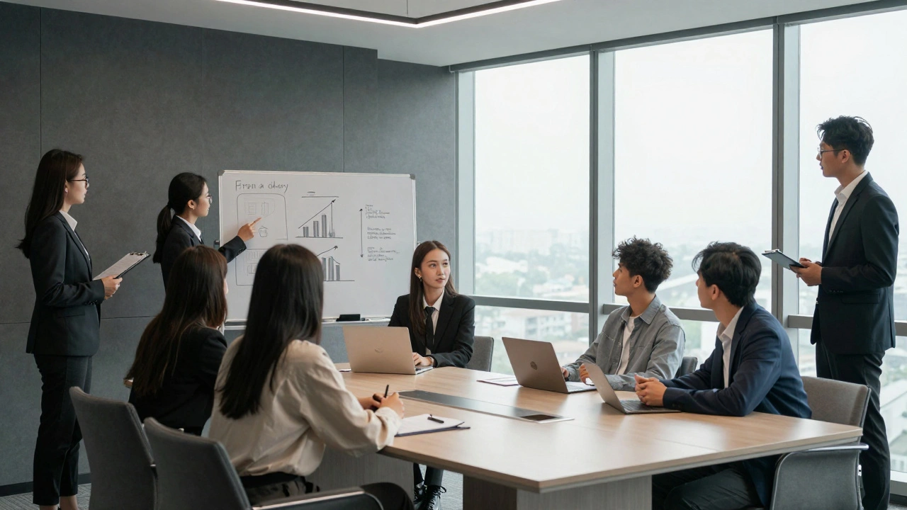 Group of students collaborating during an assessment centre exercise.