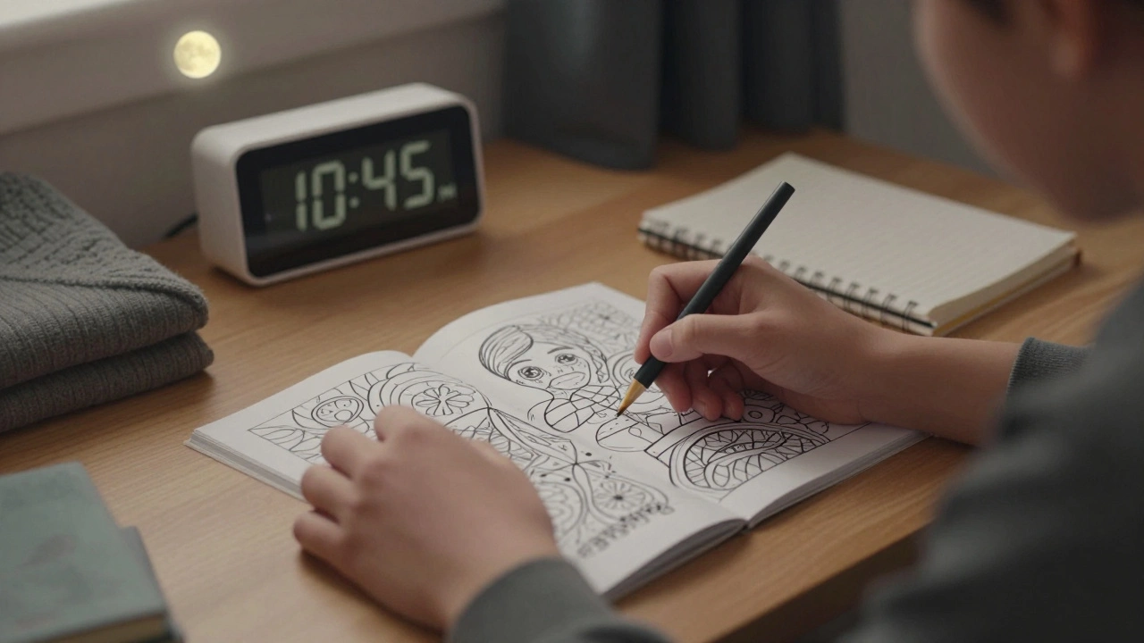 Hands coloring in a book at night, no screens, quiet room with moonlight.