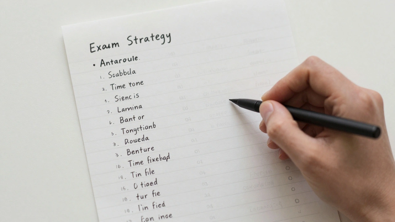 Handwritten one-page exam strategy guide with key patterns and time tips.