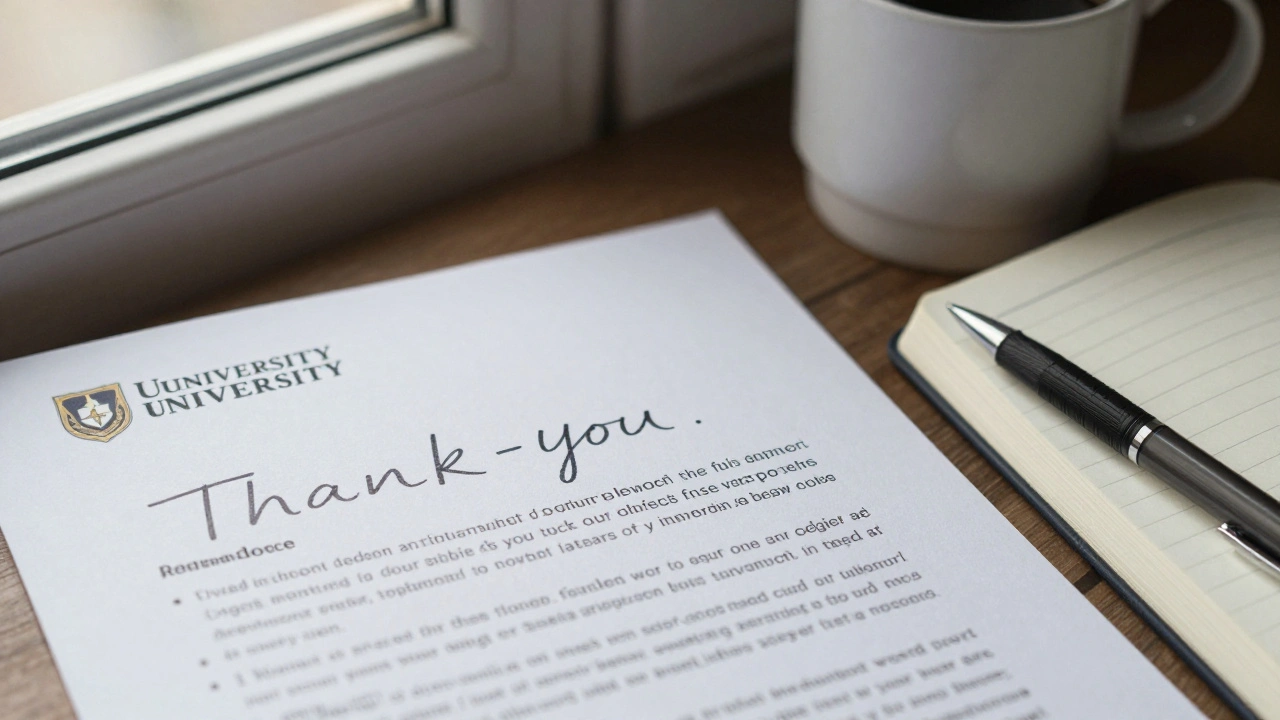 Handwritten thank-you card beside official reference letter on university letterhead.