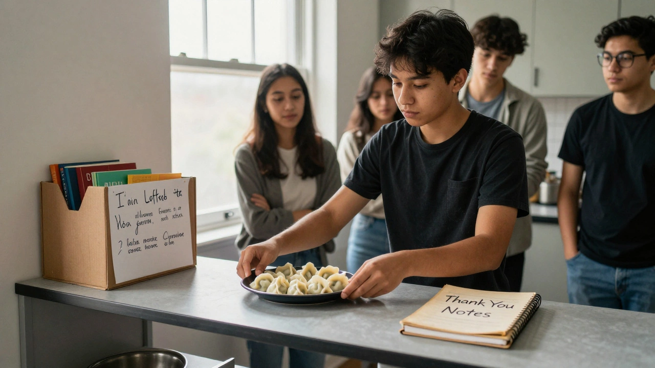 International student leaving homemade food on a shared shelf with thank-you notebook.