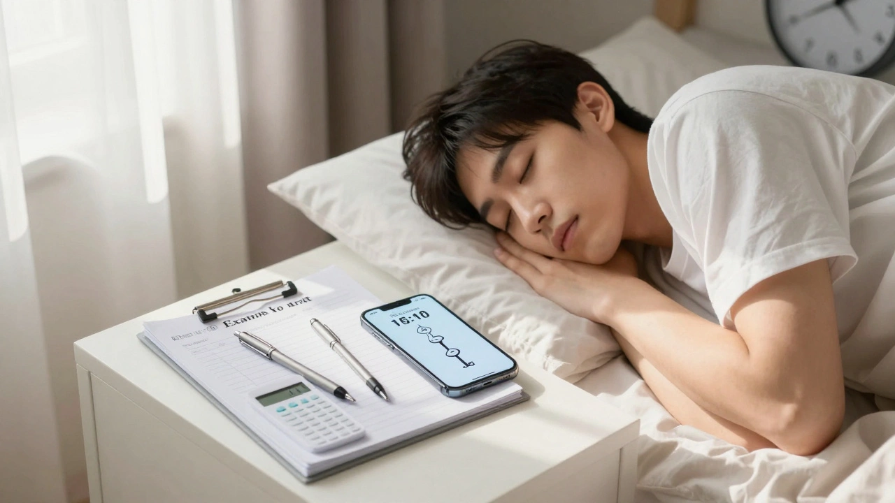 Morning light on a bed with exam essentials and key concepts visible on a phone screen.