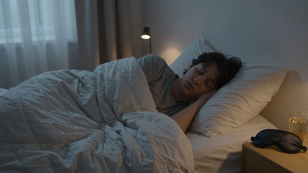 Person asleep in a cool, dark bedroom with sleep mask and glass of water nearby.