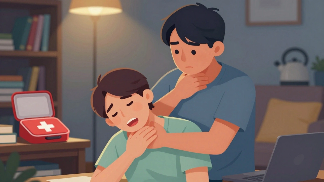 Person performing abdominal thrusts on someone choking, calm and focused in a student living room.