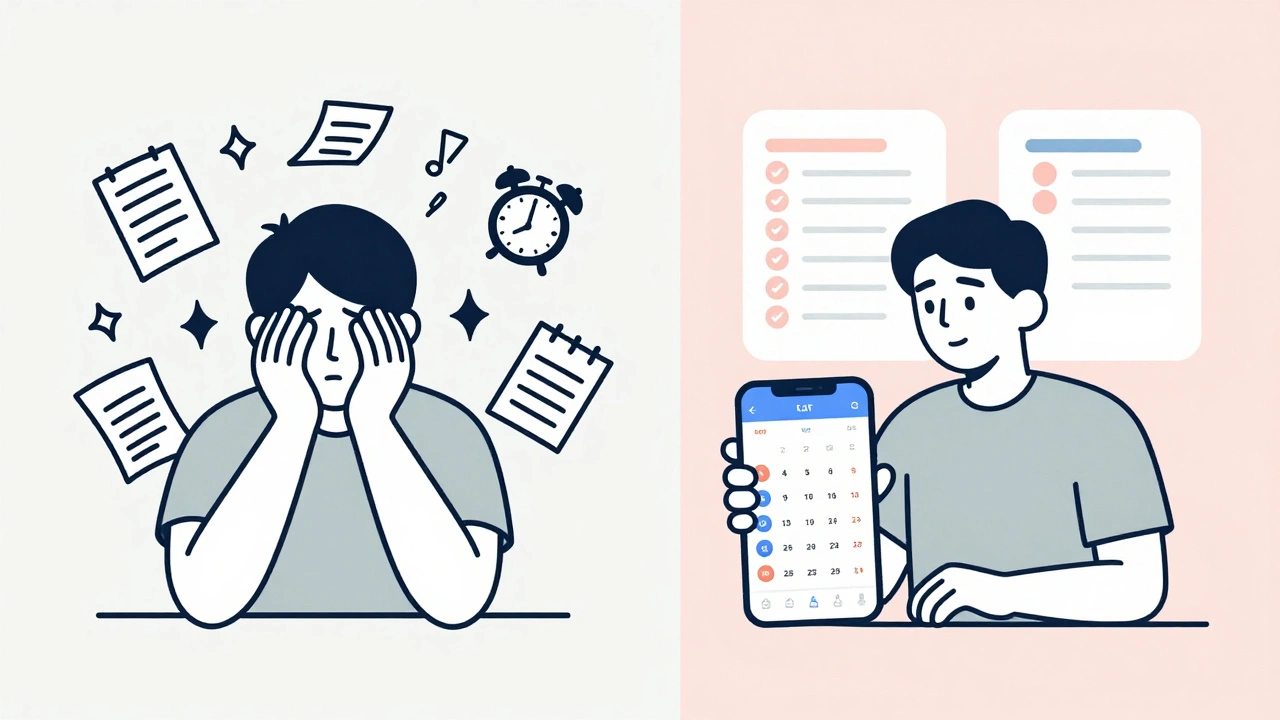 Split image: chaotic stress vs calm organization with digital calendar and support symbols.