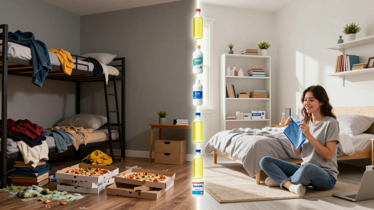 Split image contrasting a messy, dark dorm room with a clean, bright one, connected by cleaning supplies symbolizing change.