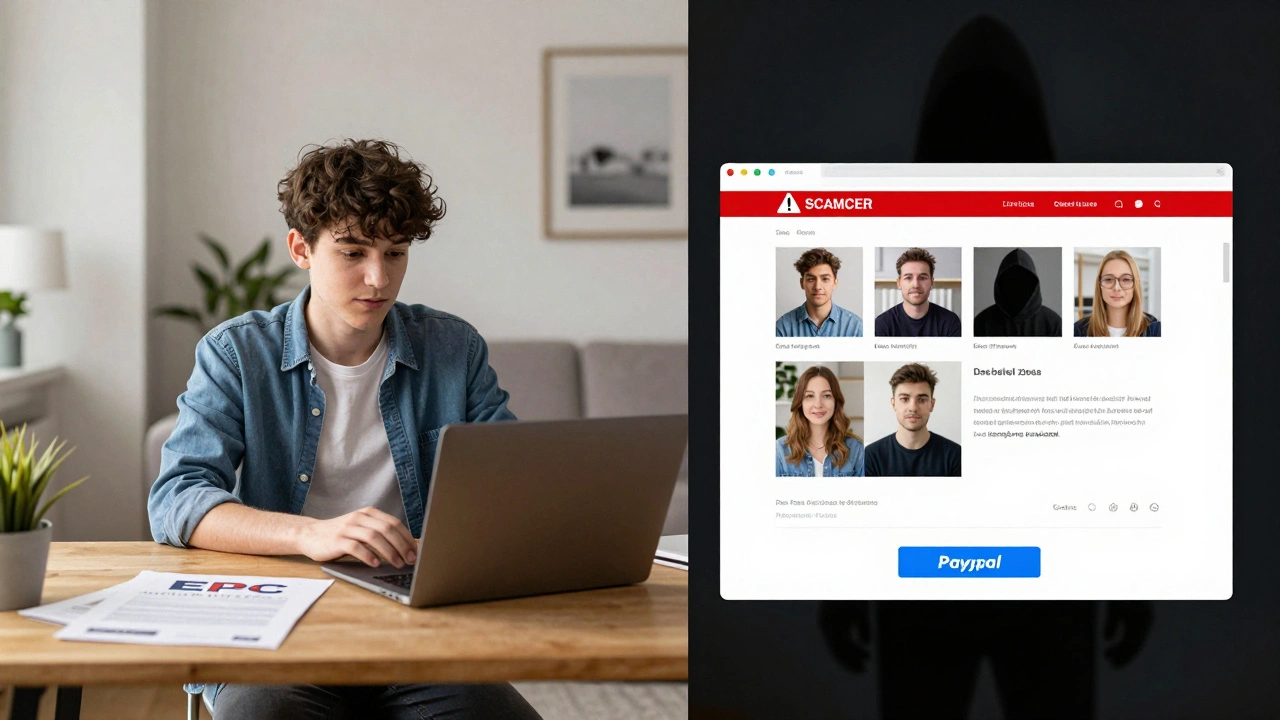 Split image showing a legitimate video tour on one side and a fraudulent rental website on the other.