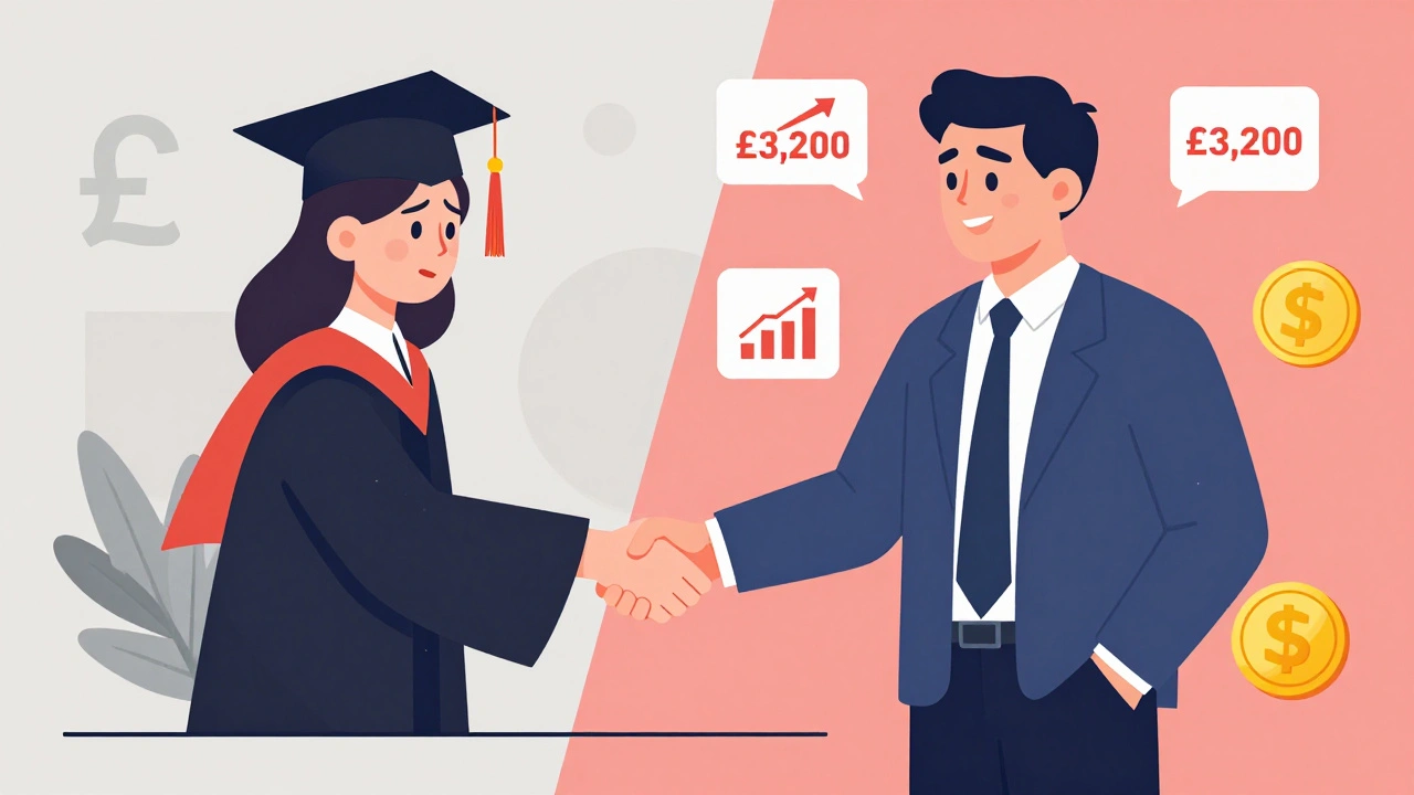Split image showing nervous vs confident salary negotiation scenes with financial icons.