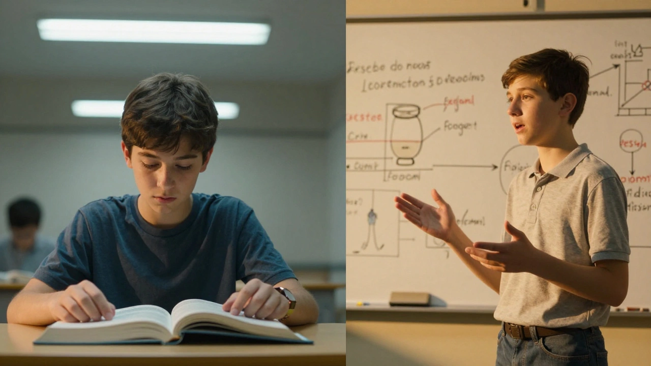 Split image: student re-reading notes vs. teaching aloud, showing contrast in study methods.