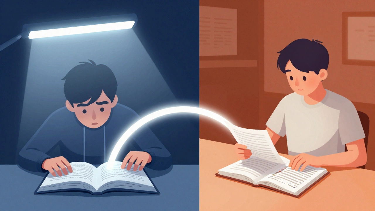 Split-screen comparison: ineffective textbook studying vs. effective past paper practice.