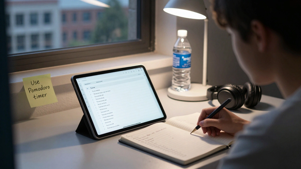Student's desk with digital planner, headphones, and to-do list under warm lamp light