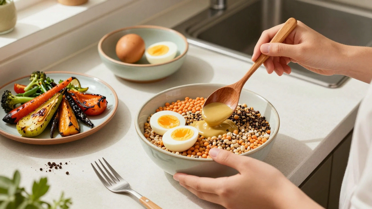 Student assembling a colorful grain bowl from leftovers with seeds and dressing.