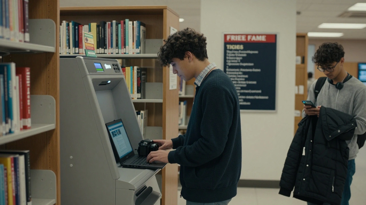 Student borrowing equipment from university library with free event notices visible