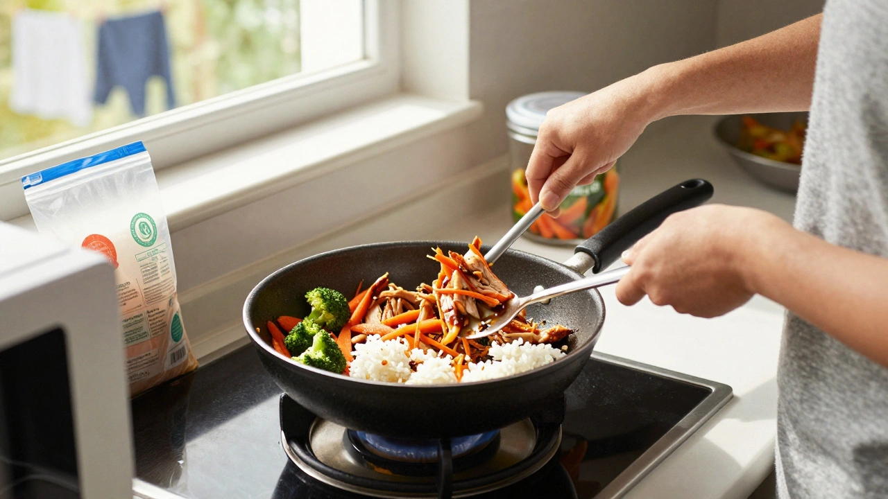 Student cooking stir-fry using leftovers in a small kitchen with rice and vegetables in pan.