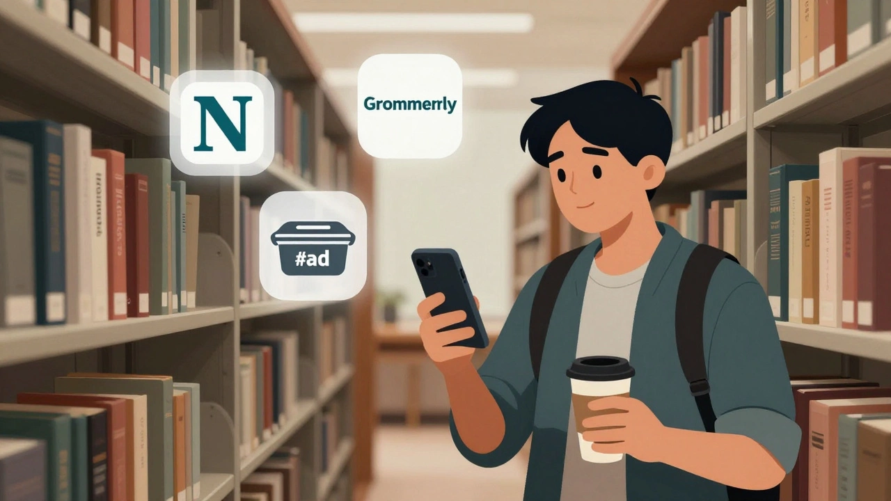 Student creator in library with clear #ad label, surrounded by trusted student brand icons.