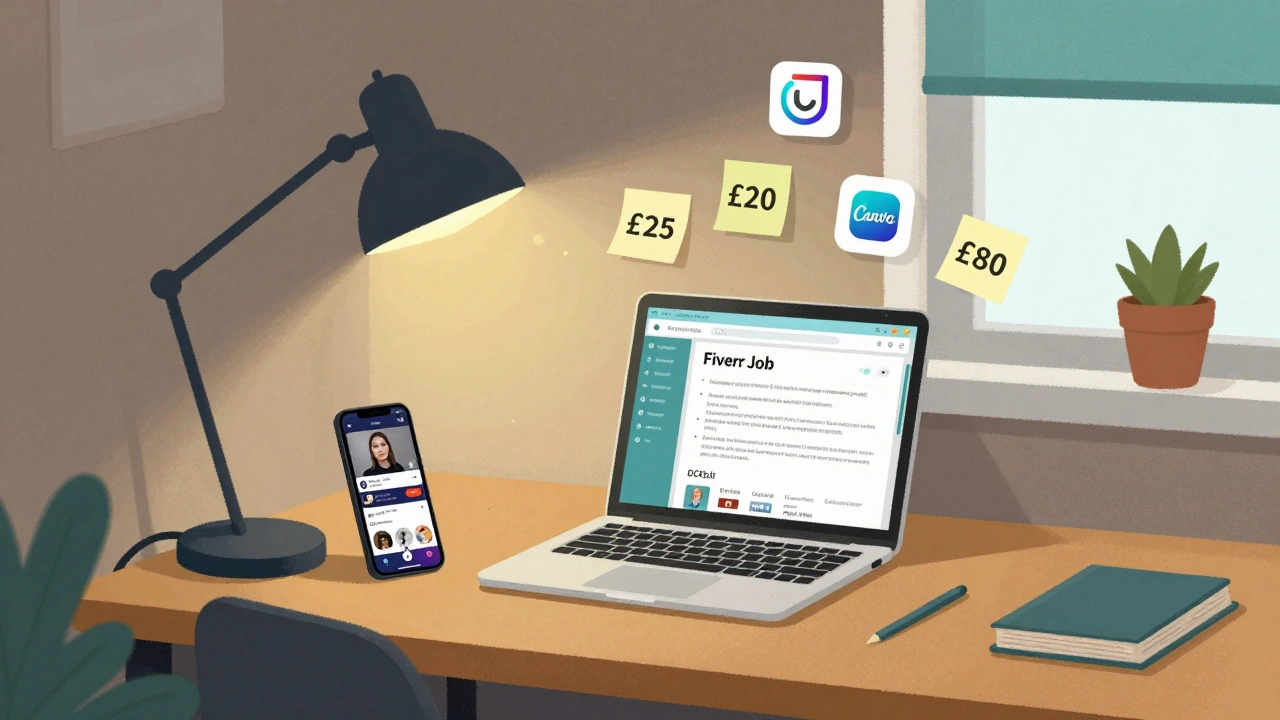 Student desk with phone showing analytics, laptop open to freelance jobs, and sticky notes with earnings.