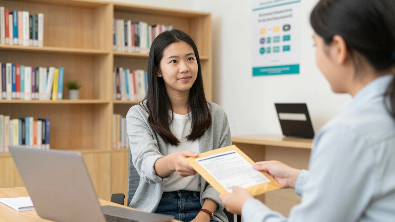 Student handing medical documents to academic advisor in a well-lit university office.