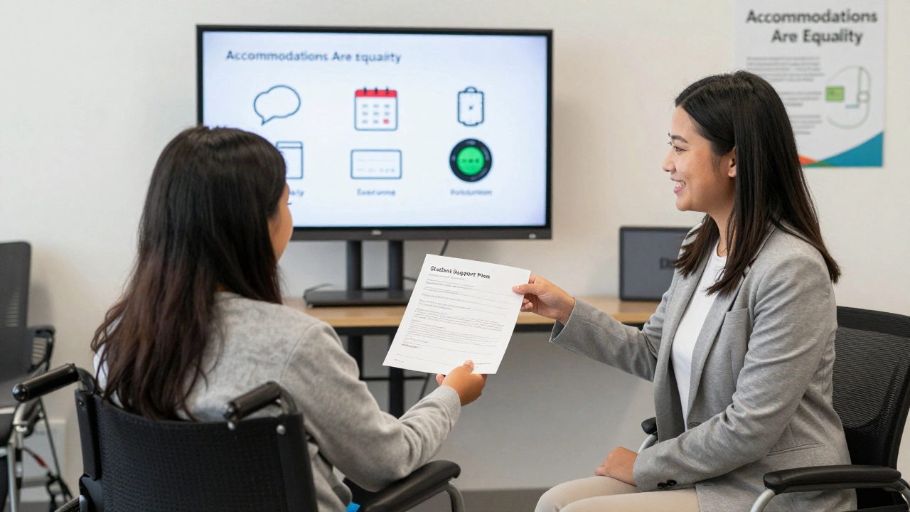 Student handing support plan to disability advisor in bright, welcoming office