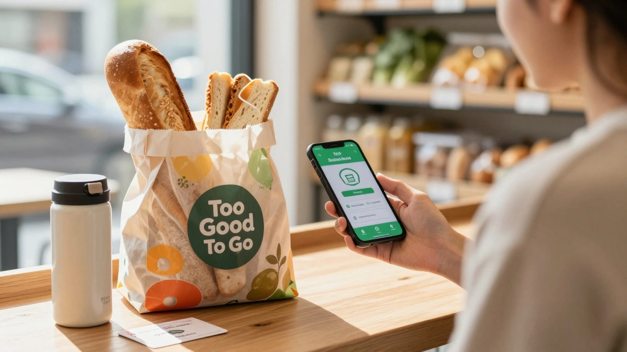 Student holding a mystery food bag from the Too Good To Go app beside a reusable thermos