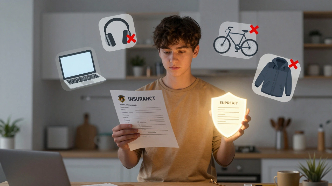 Student holding police report as stolen belongings float around them with insurance policy glowing in hand.