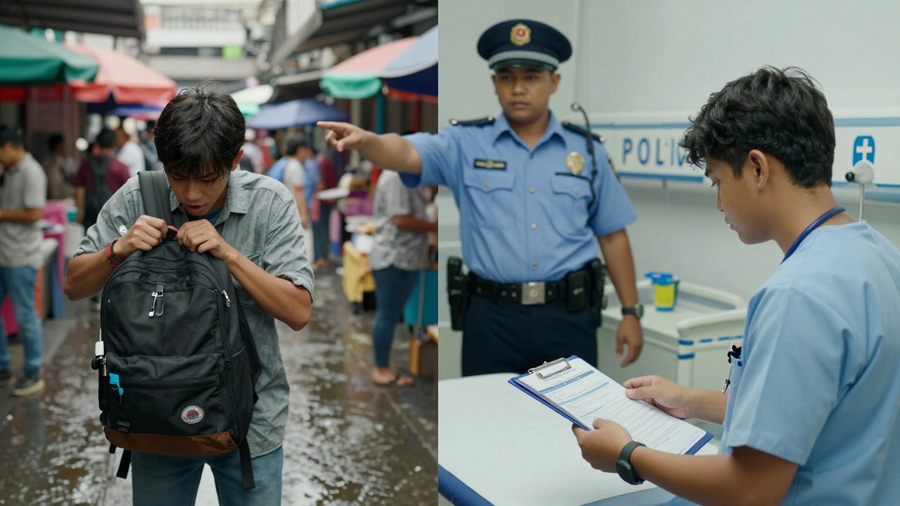 Student in Bangkok searching for stolen bag vs. same student receiving medical care in Spain