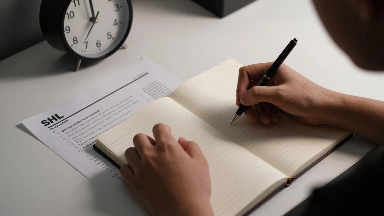 Student practicing aptitude tests late at night with notebook and clock.