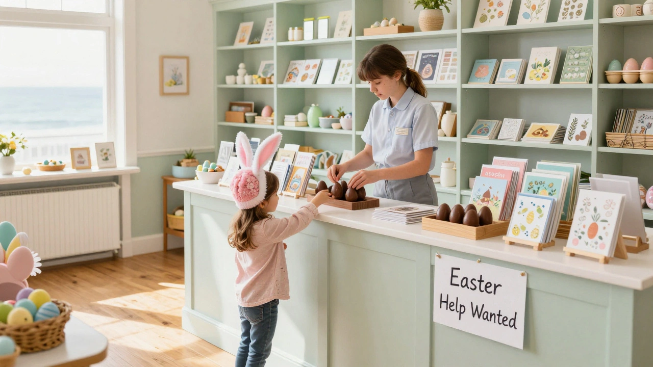 Student restocking Easter chocolates in a quiet museum gift shop