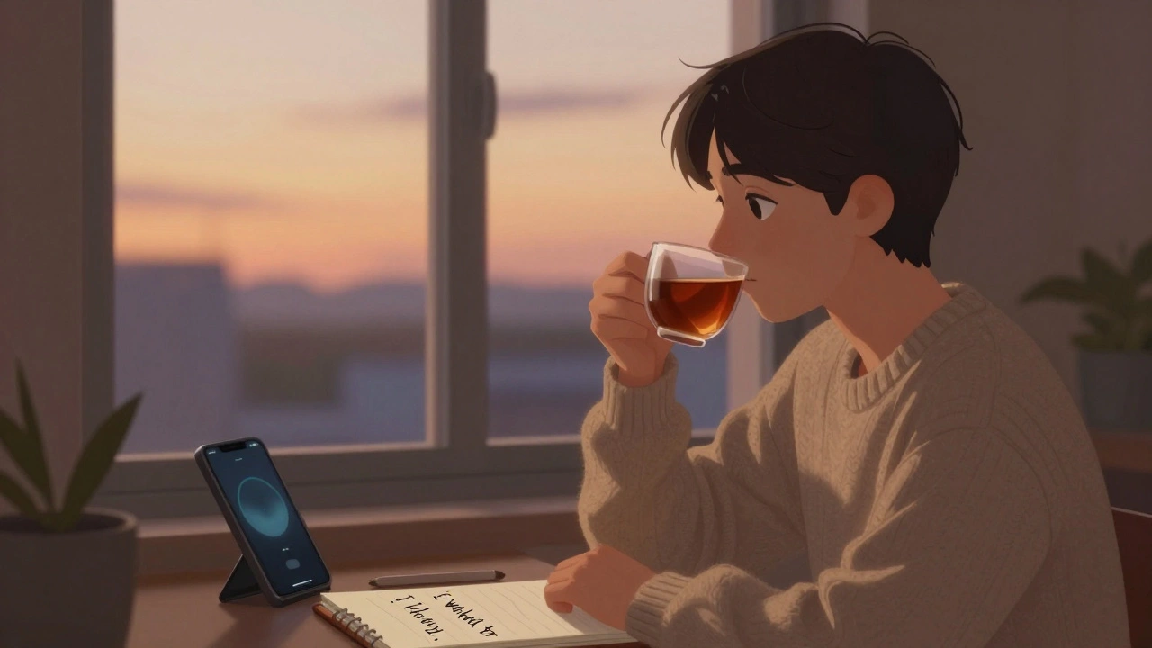 Student sitting by a window at dusk, drinking tea and watching the sky in calm solitude.