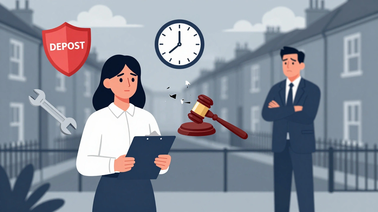 Student standing firm against a landlord with legal symbols surrounding them.