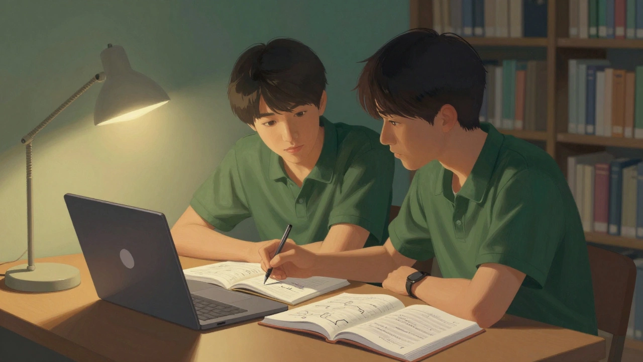 Student tutoring another in a quiet library, focused on a chemistry textbook.